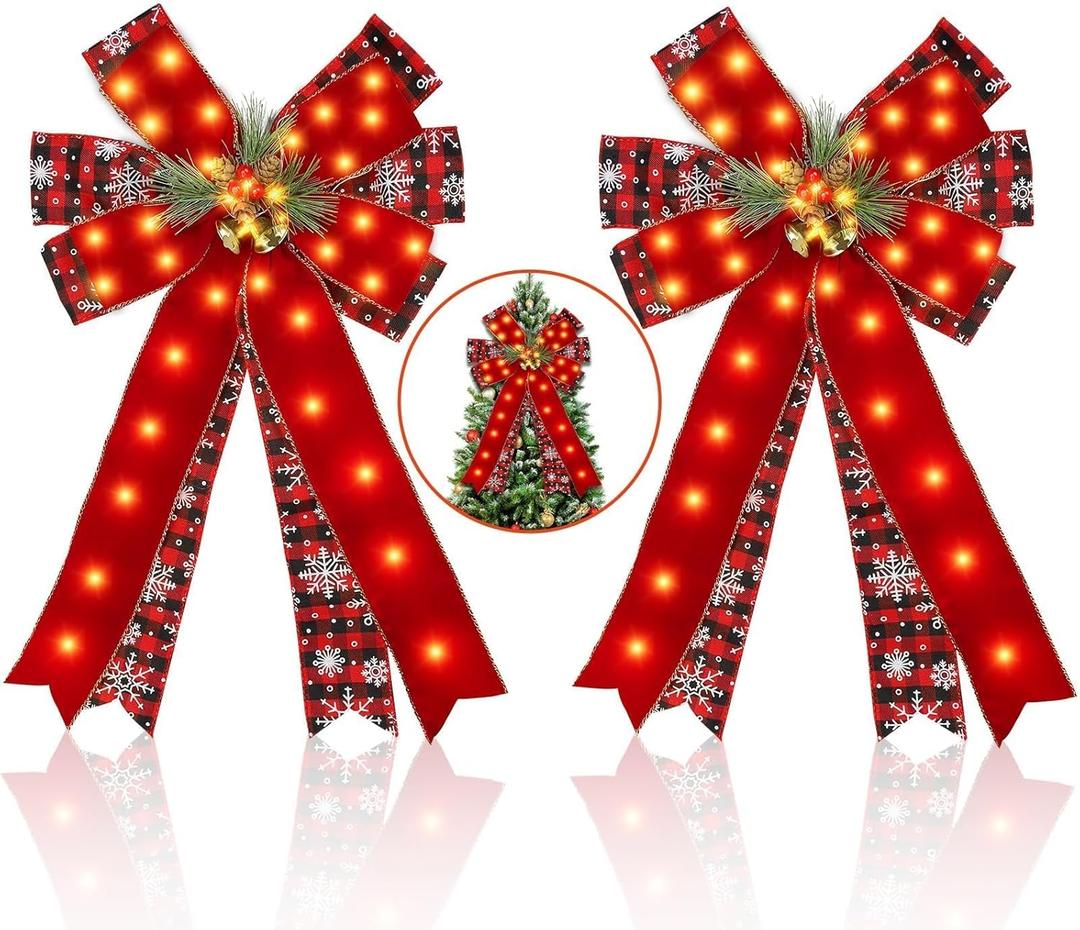 2 Pcs LED Large Red Christmas Bows Decorations, 20 X 12 Red Bow Linen Wreath with Bow Bells, Berry, Pine Cones for Christmas Tree Topper Outdoor Indoor Home Front Door Decor, 40 Warm Lights