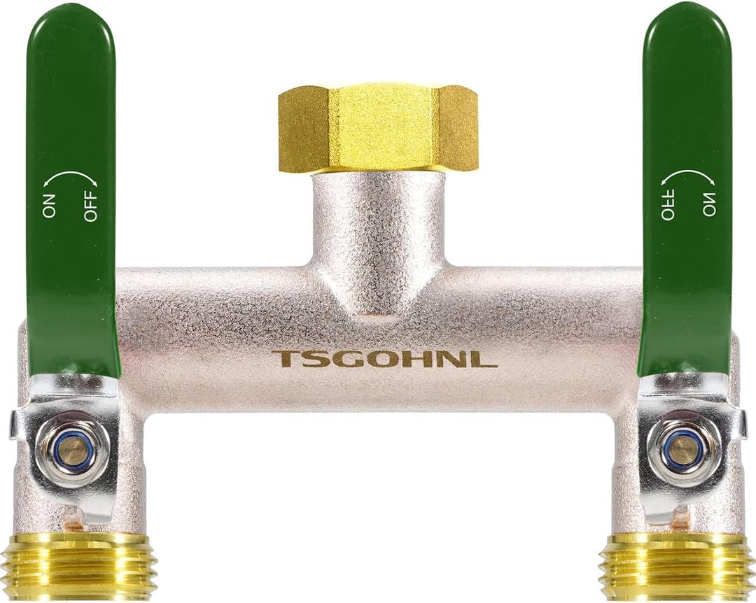 Garden Hose Splitter, 3/4 Rust and Freeze Resistant Outdoor Hose Manifold with 2 green Extra Long Handles Faucet Adapter-Heavy Duty Brass Nickel Plated 2-Way Valve