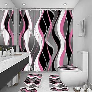 Beifivcl 4Pcs Red Shower Curtain Sets with Non-Slip Rugs, Toilet Lid Cover and Bath Mat, Black and Gray Bathroom Decor Set Accessories Fabric Waterproof Shower Curtains with 12 Hooks, 72 x 76 Inch