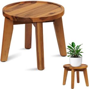 Demigo Indoor Plant Stand, Acacia Wooden Decorative Plant Shelf with Spill-Proof Tray, Stable 8 Tall Flower Holder for Heavy Pots, Gardening Display for Decor Living Room Patio - Natural Brown