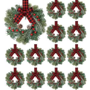 Jexine 12 Pieces Mini Christmas Wreaths for Kitchen Cabinet Small Christmas Candle Rings Wreaths Pillars Candle Rings Table Centerpieces Hanging Garlands for Front Door Window Decor (No Red Ribbon)