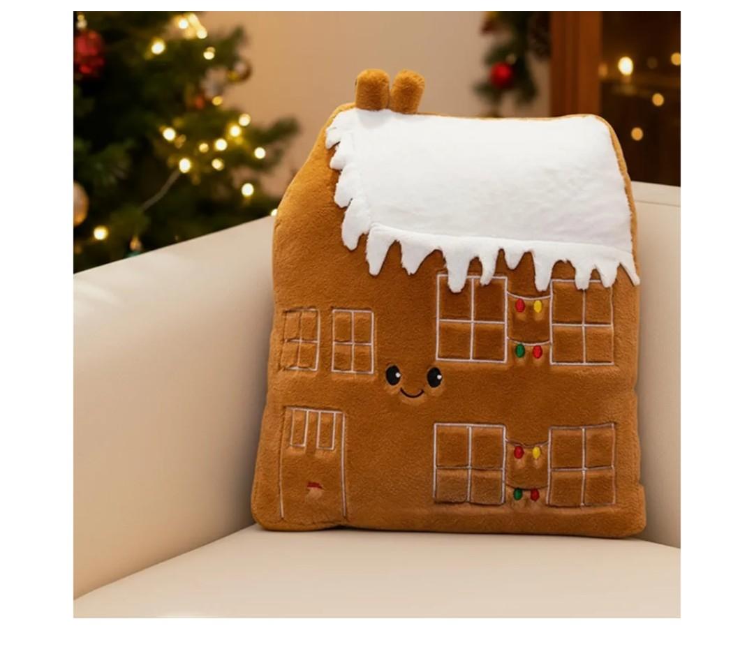 Cute Gingerbread House Pillow, Xmas Plush Throw Pillow Snow House Shaped Holiday Decor, Brown 13.8"