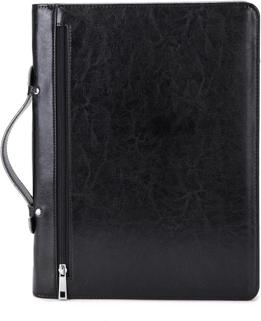Vegan Leather Portfolio with Hidden Handle, Zippered Front Pocket, Business Padfolio for Men and Women, 8.5 x 11 Legal Pad Notebook Holder, Office Letter Notepad Folio, Black (Regular)