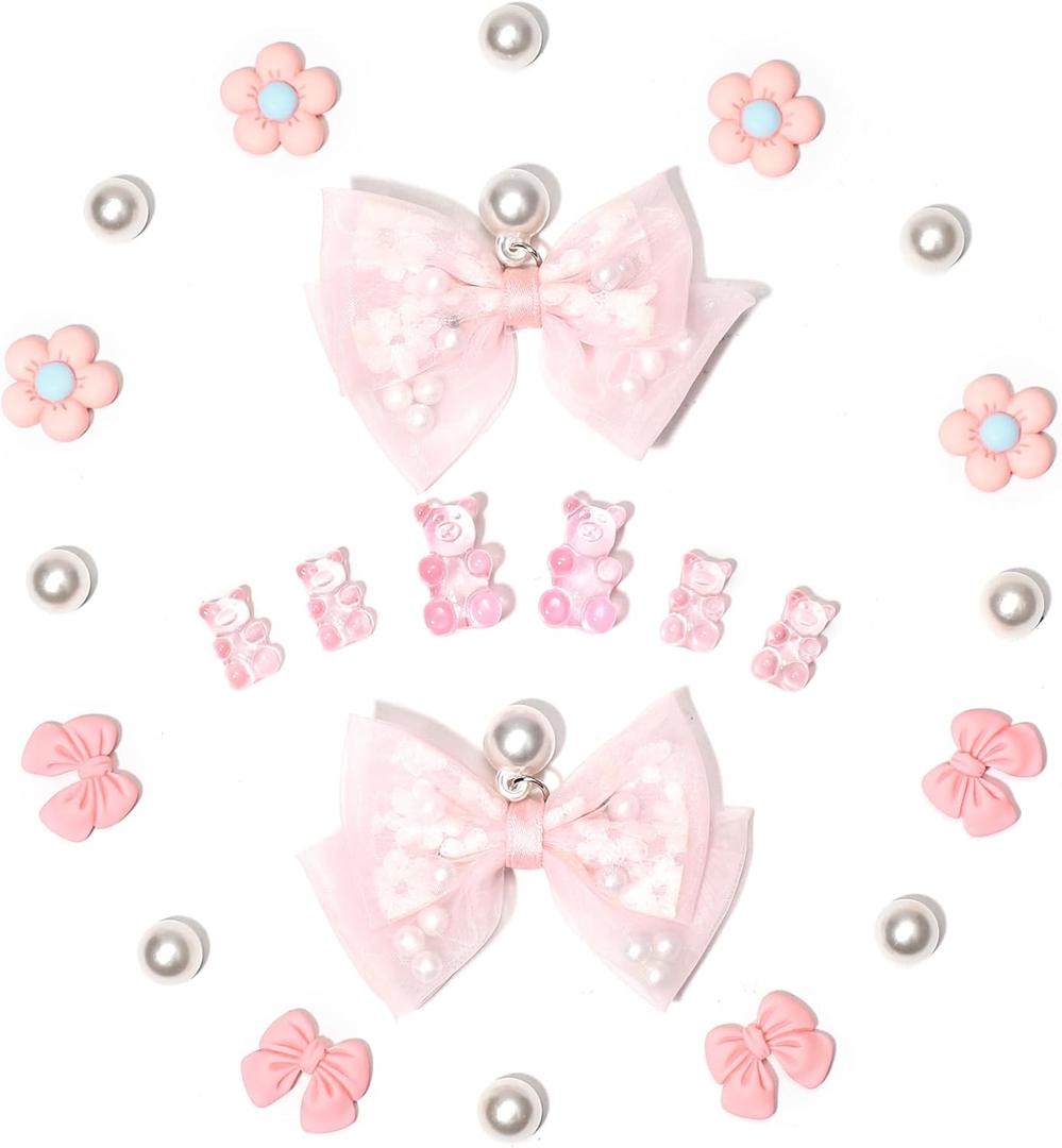 24Pcs Fabric Bow Shoe Charms, Cute Bears, Flower Pearl Charms Accessories for Clogs, DIY Shoe Decoration Charms for Girls, Party Favor (Pink)