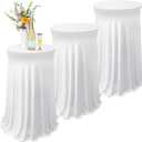 Tegeme 3 Packs 32 x 43 Inch Round Spandex Cocktail Tablecloths with Skirt Cocktail Round Table Cover Spandex Stretch Tablecloth for Fitted High Top Table Bar Wedding Party Banquet (White)