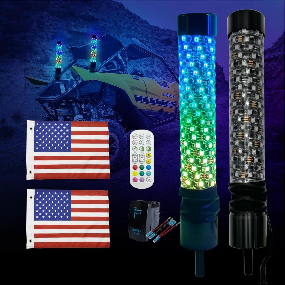 2 Pack 1ft Fat Whip Lights for UTV ATV with App & Remote Control, Rocker Switch, Brighter Spiral RGB Chasing Lighted Antenna LED Fatty Whip Light for Can-Am SXS Truck Polaris RZR (1FT 2pack)