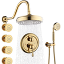 Enga Antique Shower Faucet Sets 8 inch Rainfall Head with Body Jets Handheld Spray Fixtures Combo, Brass 3 Way Diverter Rough in Valve Trim Kit, Bright Gold