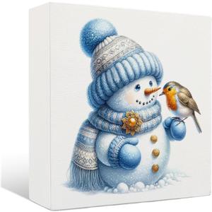 Winter Snowman Wooden Sign - Blue Christmas Snowman Decor, Winter Wooden Box Signs, Decorations Indoor Table Signs, 88 Inches