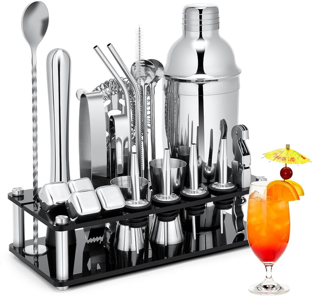 Shaker Set, 23-Piece Stainless Steel Bartender Kit with Acrylic Stand & Cocktail Recipes Booklet, Professional Bar Tools for Drink Mixing, Home, Bar, Party