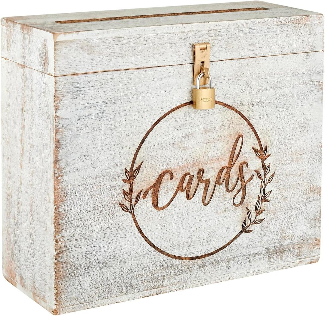 Wedding Card Box with Card Slit and Lock 12"X10"X4.5"- Gift Wishing Well Card Box for Weddings, Receptions, Birthdays, Graduations, Baby Showers, Honeymoon Funds WBKH (White)