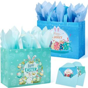 YANGTE 2-Pack 13" Large Easter Gift Bags with Tissue Paper, Reusable Non-Woven Bags with Handles for Kids' Egg Hunts and Party Supplies