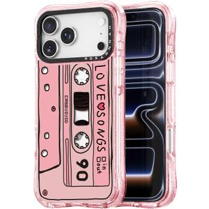 for iPhone 17 Pro Case Cute - Compatible with Magsafe - Military-Grade 20 ft Drop Protection Shockproof Phone Case - Funny Cassette Tape Design (6.9") Glitter Pink