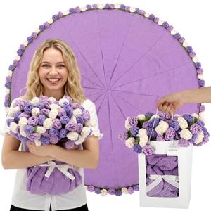 Hahafelt 59 Inch Crochet Flowers Bouquet Mother's Day Rose Blanket with Gift Bag for Mom Wife Grandma Women Handmade Knitted Throw Blanket Soft Lightweight Romantic Gifts for Birthday, Wedding(Purple)