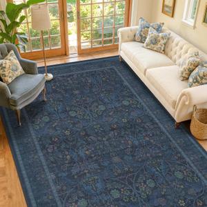 6x9 Rugs for Living Room Non Slip, Low Pile Soft Navy Blue Rugs for Bedroom, Floral Washable Dining Room Carpet, Dark Blue Victorian Mats