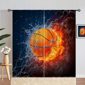 Kids Sports Curtains W42 x L84 Inch Rod Pocket Basketball Fire Ball Water Flame Thunder Lightning Print Pattern Privacy Fabric Window Drapes for Boys Bedroom Nursery Baby Playroom 2 Panels