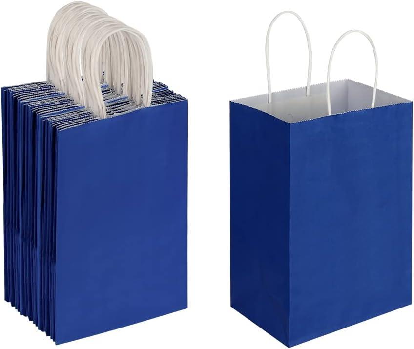 Oikss 50 Pack 5.25x3.25x8.25 Inch Small Royal Blue Kraft Paper Bags with Handles Bulk for Birthday Wedding Party Favors Grocery Retail Shopping Business Goody Craft Gift Bags Cub Sacks, 50 Count