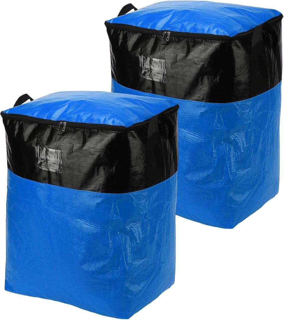 uxcell 2Pcs Extra Large Moving Bags, 20 x 20 x 28" Heavy Duty Woven Clothes Storage Totes Waterproof Packing Bags with Reinforced Zipper and Handle for Home Camping, Blue