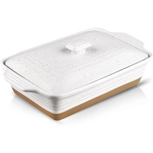 HVH Ceramic Casserole Dish with Lid - Oven Safe, 9x13 Rectangular Baking Dish, 3.5 Quart, Farmhouse Style (White)