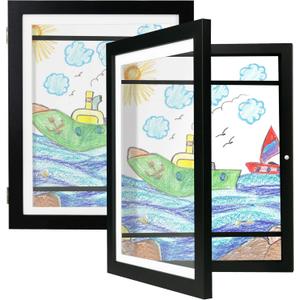 Kids Art Frames 8.5x11 Set of 2 - Front Opening Childrens Picture Frame Changeable, Wood Artwork Display Storage for Wall Mount, Magnetic Door Holds 50 Art Pieces for Drawings, 3D Picture, Crafts, Portfolio, Black