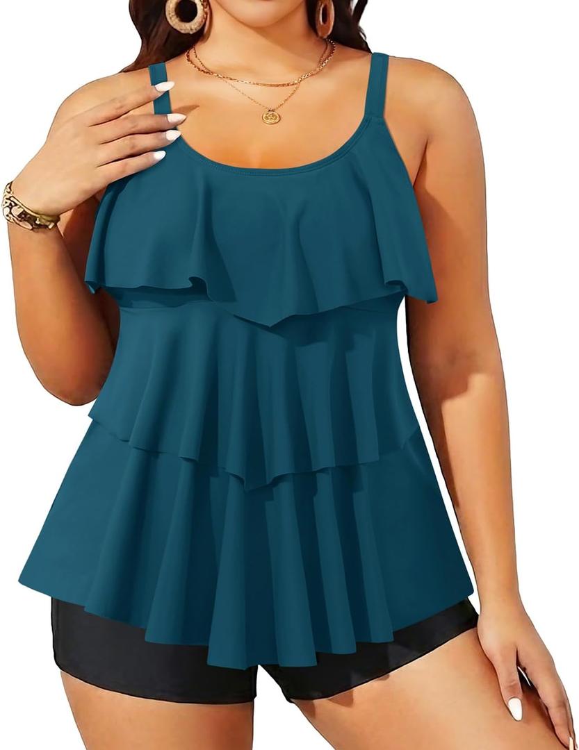 Yonique Women's Plus Size Tankini Swimsuits with Shorts Two Piece Bathing Suits Ruffle Swimsuits Tummy Control Swimwear (Blue), 18W