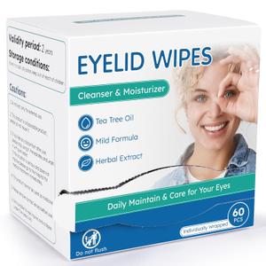60-Count Eyelid Cleansing Wipes for Dry Eye & Blepharitis, tea tree oil Pre-Moistened Hypoallergenic EyeWipes for Sensitive Itchy Eyes, Individually Wrapped Eyelid Wipes Travel Essentials