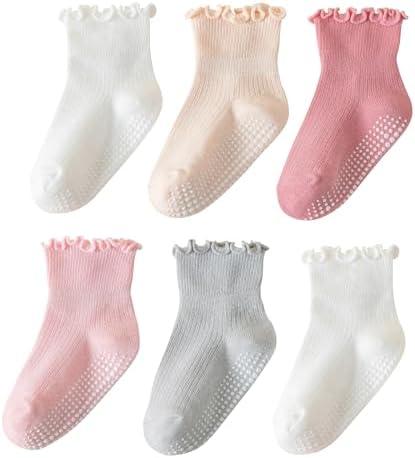 ANYANIME 6 Pairs Toddler Ruffle Socks for Girls - Baby Grip Socks with Non-Slip, Cute Grippy Frilly Design
