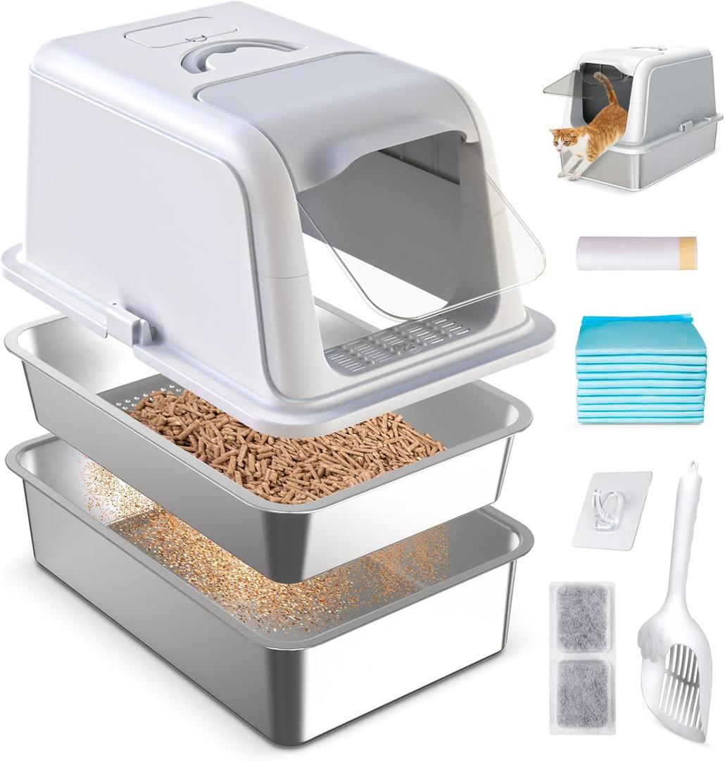 Stainless Steel Sifting Cat Litter Box with Lid, XL Fully Enclosed Multi-Purpose Metal Sifting Litter Box for Big Cats, Anti-Leakage, Easy Clean, Includes Scoop, Liner, Pee Pad, Carbon Filter and Hook