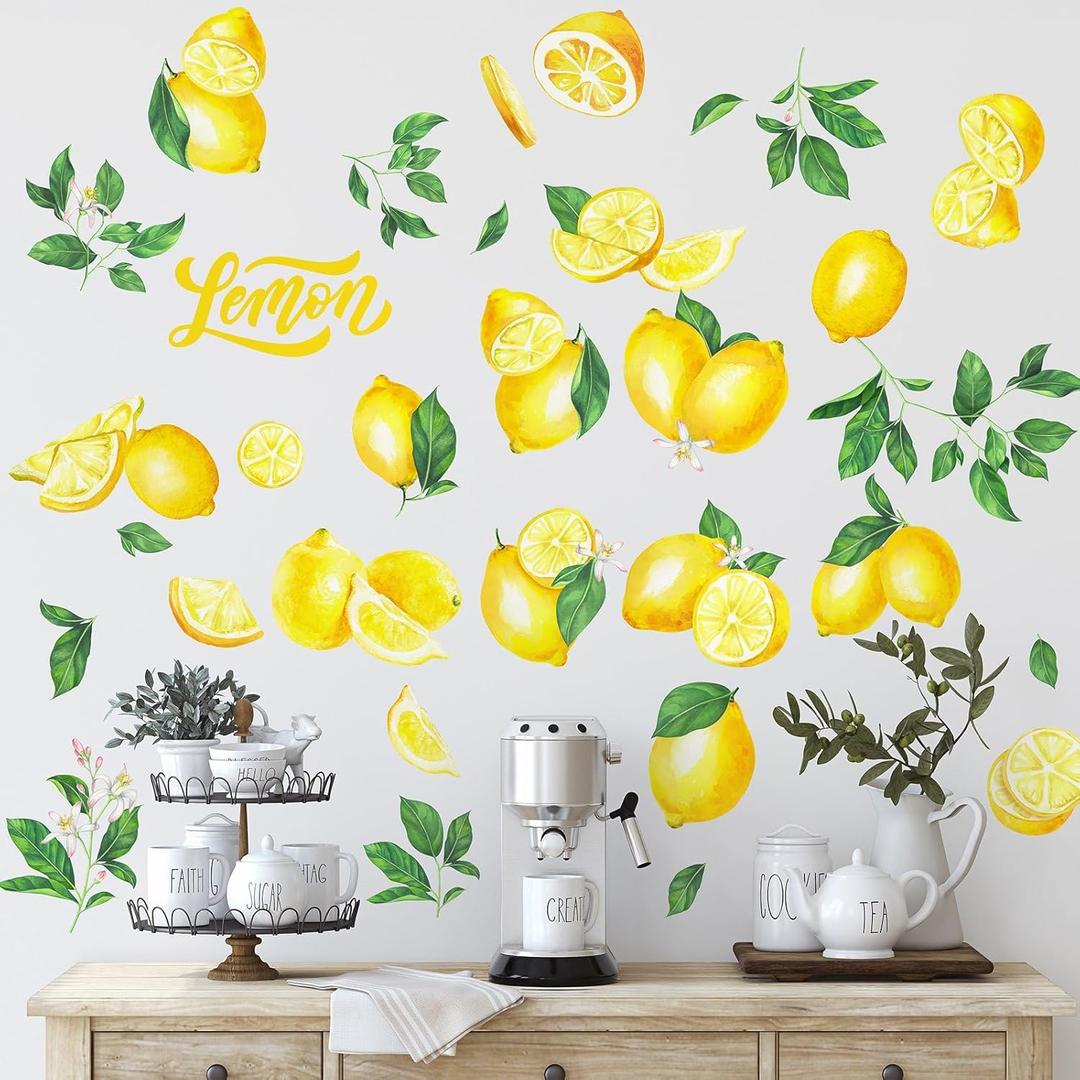 Epakh 41 Pieces Lemon Wall Stickers Apple Cherry Strawberry Fruit Stickers Peel and Stick Wall Decor for Kitchen Cabinet Window Country Restaurant Dining Room Decor(Lemon)