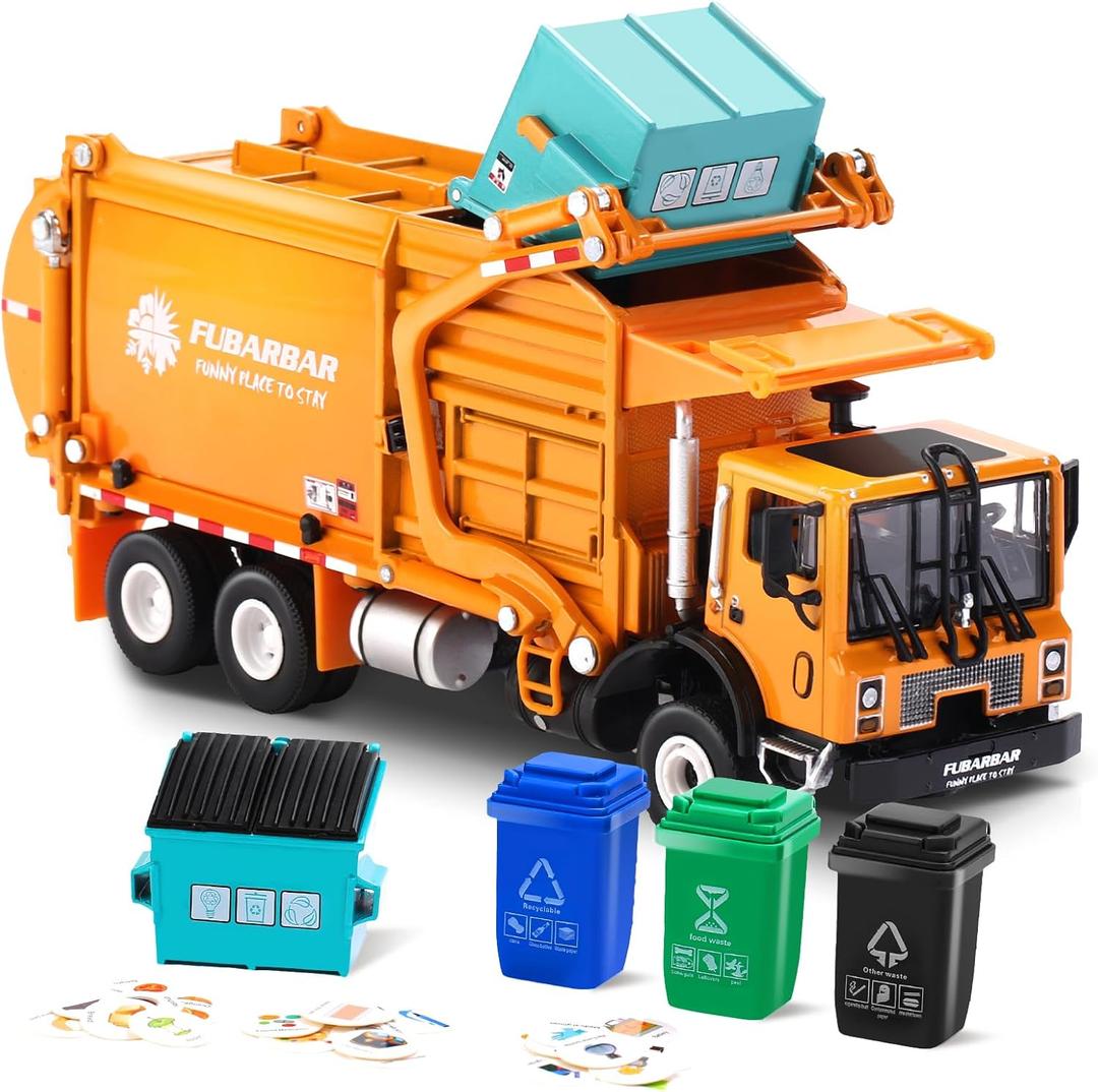 FUBARBAR Metal Garbage Truck Toy Model  1:43 Diecast Recycling Waste Transport Truck with Trash Bin, Pull Back Model Car Toy for Kids Boys (Orange)