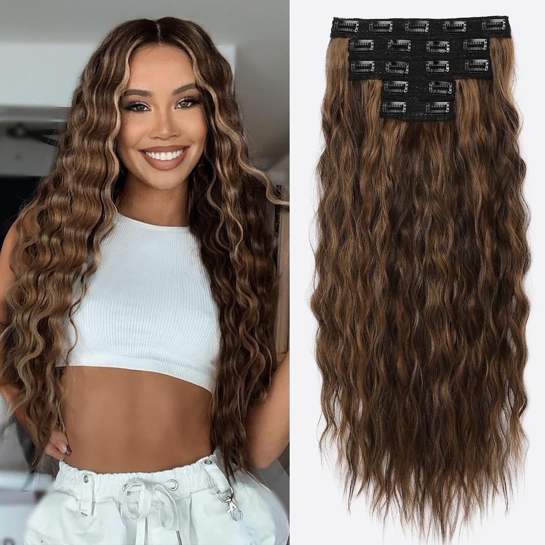 REECHO Clip in Hair Extensions, 5PCS Ash Blonde Hair Extensions 24" Thick Long Loose Waves hair extensions HE002 Invisible Lace Weft Chocolate Brown with Golden Highlights