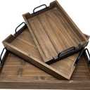 3 Piece Decorative Nested Vintage Wood Serving Tray Set for Coffee Table or Ottoman  Rustic Wooden Breakfast Trays for Kitchen, Dining Room, or Living Room  Farmhouse Platter w/Handles  Brown