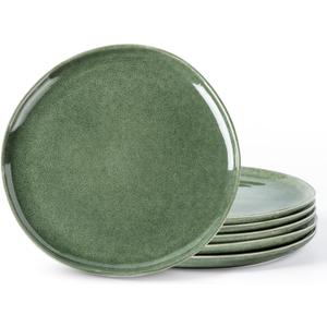 AmorArc Ceramic Dinner Plates Set of 6, 10.5 Inch Handmade Reactive Glaze Stoneware Plates, Rustic Shape Dinnerware Dish Set for Kitchen, Microwave & Dishwasher Safe, Scratch Resistant (Gade Green)
