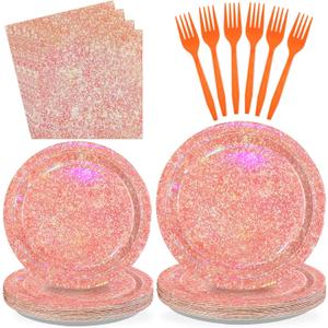 96Pcs Rose Gold Party Plates Iridescent Rose Gold Birthday Decorations Disposable Sprinkle Pink Paper Plates for Girls Women Easter Wedding Birthday Bridal Shower Party Decorations Serves 24