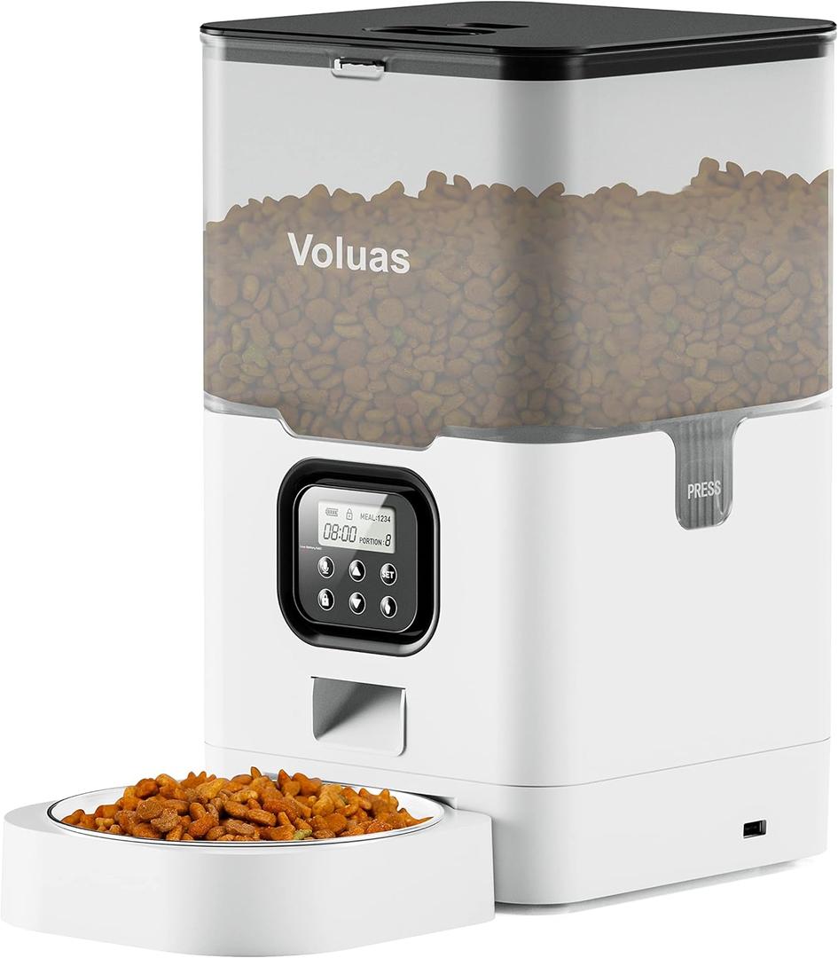 VOLUAS Automatic Cat Feeders - Pet Food Dispenser for Dry Food, Timed Cat Feeder with Desiccant Bag, Programmable Portion Size Control 4 Meals Per Day, 10s Voice Recorder (6L, White Transparent)
