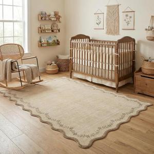 GarveeHome 4x6 Jute Scalloped Washable Area Rug for Nursery Room, Solid Floral Soft Nursery Rug Non Slip Low Pile Small Carpet Stain Resistant Throw Rug for Dorm Kids Room Office Dining Room