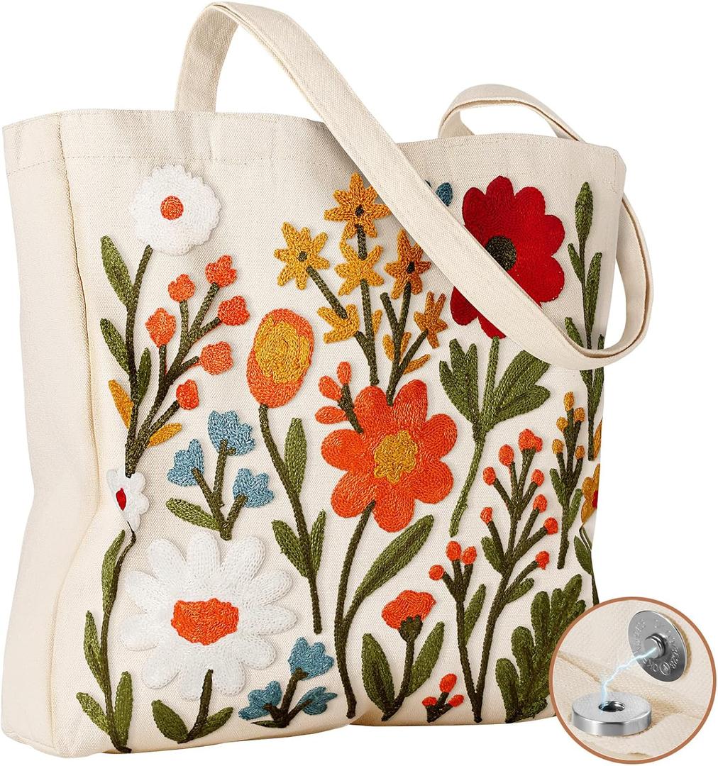 Miss Adola Embroidery Canvas Tote Bag for Women - Reusable Tote with Buckle Aesthetic Cute Shoulder Bag for Shopping, Grocery