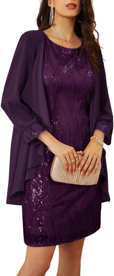 GRACE KARIN Women's Sequin Dress Wedding Guest Dresses Mother of the Bride Dresses Formal Dress Two Piece Dress Knee Length (Purple), Medium