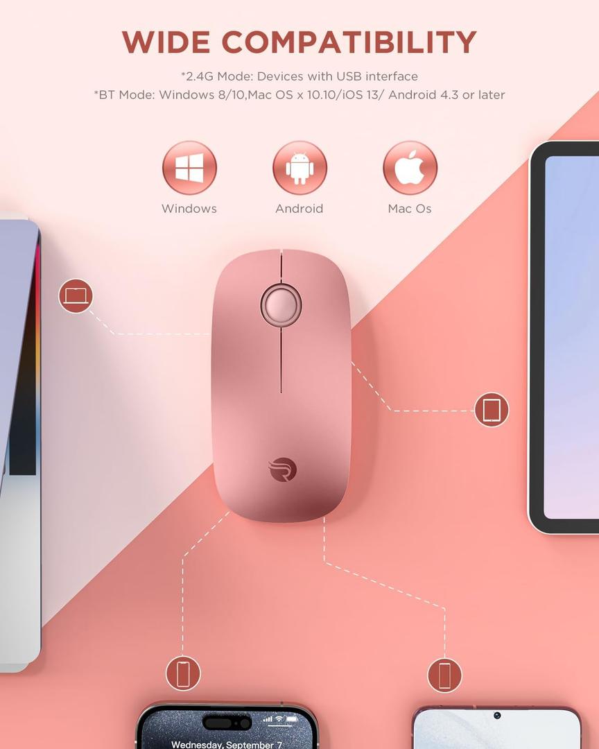 RAPIQUE Bluetooth Wireless Mouse - (BT5.1+USB) Dual Connectivity, Quiet Click, Low Power, and 1600 DPI, Portable Cordless Mouse for Mac, Laptop, MacBook Pro/Air, iPad (Rose Gold)