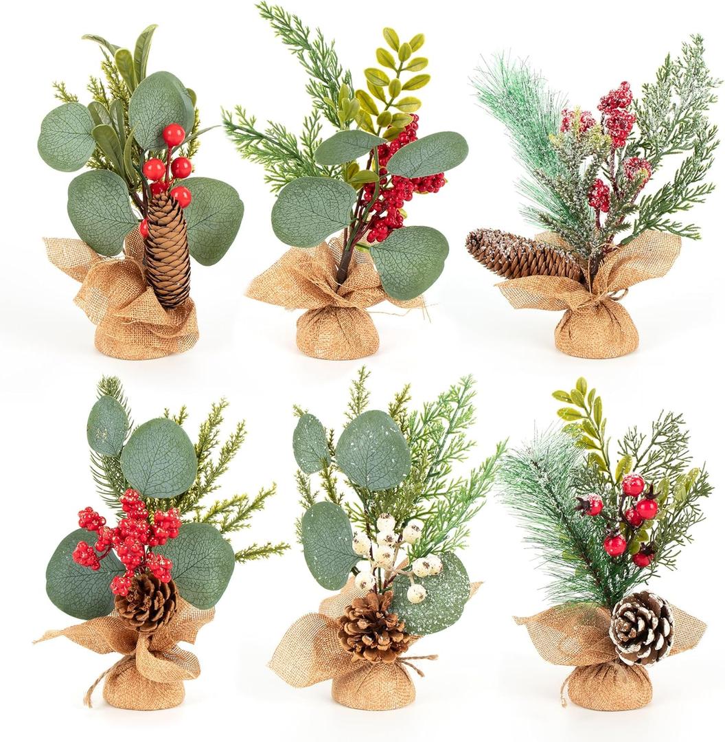 6 PCS Rustic Mini Christmas Tree Tabletop Set, Mixed Green Leaves, Red Berries and Pine Cones, 9 inch Artificial Trees with Burlap Bases, Ideal for Holiday Home Office Table Centerpiece
