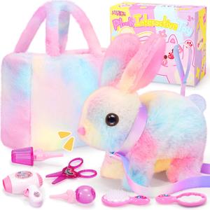 NINAOR Plush Interactive Bunny Toys for Kids with Tote Bags,Stuffed Robot Pet Rabbit with Leash Hopping Wiggle Ears Pretend Play,Realistic Cute Fidget Toys for Toddler Stocking Stuffers Birthday Gifts, Rabbit