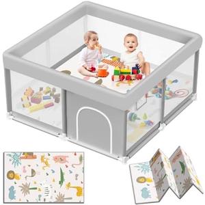 Baby Playpen with Mat, 50x50 inch Playpen for Babies and Toddlers with Mat, Baby Playard Safety Fence Active Center for Indoor