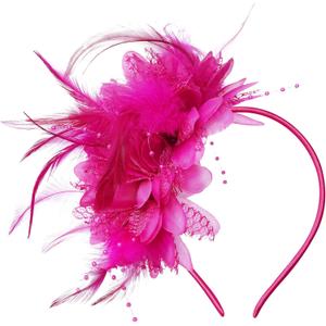 Womens Fascinators Hats Tea Party Hats for Women, Feather Pearl Veil Headband for Wedding Cocktail Dresses Accessories (One Size, Rosy Red)