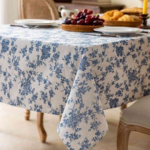 Square Tablecloth 55 x 55 Inch - Vintage Beige Linen Look Table Cloth - Machine Washable Farmhouse Pastoral Water Resistant Table Cover, Picnic, Indoor Kitchen Outdoor & Dining, Blue Floral Flower