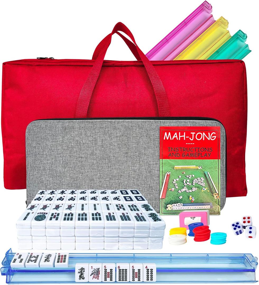 Mahjong Tile Set: American Mahjong Set Complete with 166 White Tiles & 4 All-in-One Mahjong Racks/Pushers | Portable Travel Mahjong Game | Includes Both Red and Gray Carrying Bags