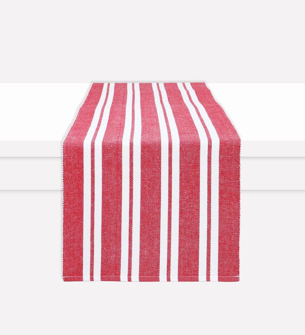 PurpleEssences Double Stripe Ribbed Woven Table Runner Dining Room Boho Farmhouse Decor - Spring Easter Summer - 14 x 90 Inch - Red and White