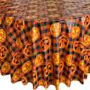 Newbridge Halloween Jack-O-Lantern Vinyl Tablecloth with Flannel Backing, 70 Inch Round, Orange and Black Buffalo Plaid with Spooky Pumpkin Faces, Wipe Clean Halloween Table Cover