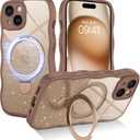 BENTOBEN Magnetic for iPhone 15 Case with Invisible Kickstand Ring [Compatible with Magsafe]Clear Glitter Curly Wave Bumper Non-Slip Grip Shockproof Women Men Phone Cover for iPhone 15,Desert Titanium