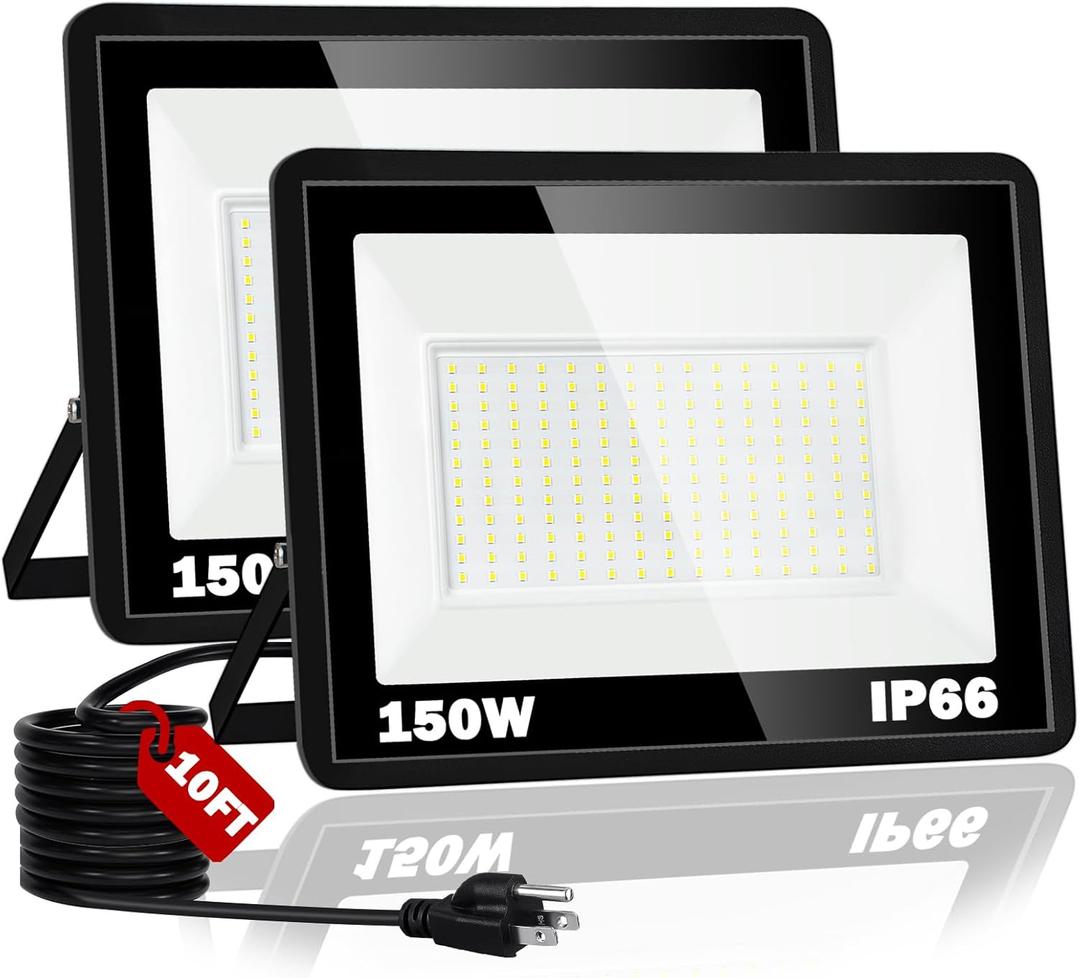 150W LED Flood Light,18000LM Floodlight with Plug,IP66 Waterproof Outdoor Lights, 5000K Daylight White Security Lights,Outdoor Floodlights for Yard Stadium Garden2 Pack