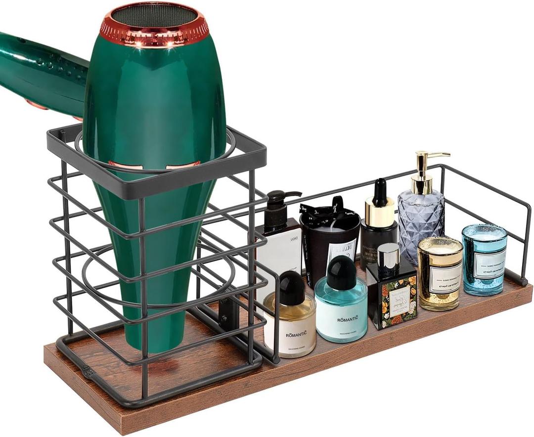 Hair Tool Organizer, Movable Hair Dryer Holder, Hair Styling Tools Storage for Vanity, Bath Counter Organizer, Bathroom Trays for Hair Toiletry, Makeup (12" x 3.7" x 5.8", Wood-Black)