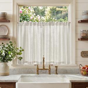 jinchan Striped Linen Kitchen Tier Curtain Rustic Cafe 30 Inch Small Window Balanced Stripe Half Window Curtains for Living Room Bathroom 2 Panels Taupe Grey on Linen